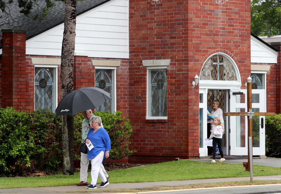 Parishioners leave Trinity Chapel Methodist Church following service on Sunday, May 21, 2023 on Tybee Island, Georgia. Trinity Chapel was one of a number of area churches that has chosen to disaffiliate from the United Methodist Church.