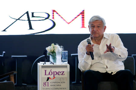 Leftist front-runner Andres Manuel Lopez Obrador, presidential candidate for of the National Regeneration Movement (MORENA), gestures during the Mexican Banking Association's annual convention in Acapulco, Mexico March 9, 2018. REUTERS/Henry Romero