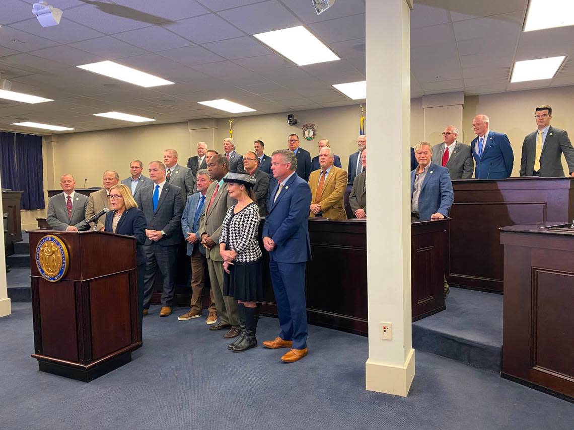 Rep. Nancy Tate, R-Brandenburg, joined by members of the General Assembly’s Pro-life caucus, speaks in support of Constitutional Amendment No. 2, which would enshrine in the state constitution that abortion is not a protected right.
