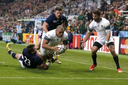 Rugby Union - South Africa v Scotland - IRB Rugby World Cup 2015 Pool B - St James' Park, Newcastle, England - 3/10/15 South Africa's Bryan Habana scores their third try Reuters / Phil Noble