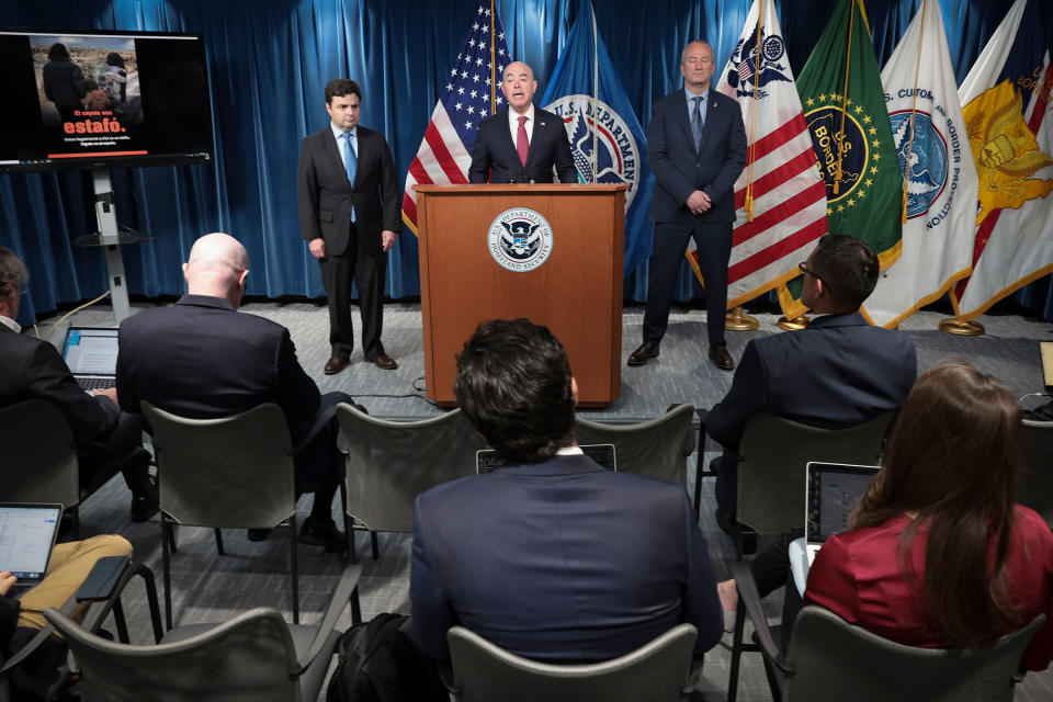 Secretary of Homeland Security Alejandro Mayorkas speaks during a press conference in Washington, on May 10, 2023.<span class="copyright">Win McNamee—Getty Images</span>