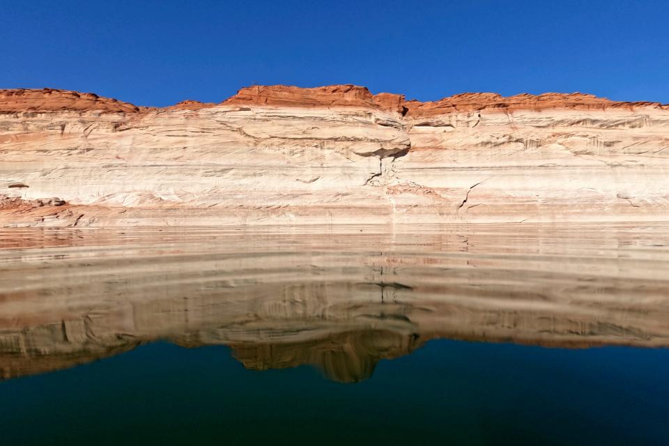 Bathtub rings show how low Lake Powell levels have declines June 8, 2022, in Page, Ariz.