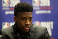 Jarrett Culver, a sophomore basketball player from Texas Tech, attends the NBA Draft media availability, Wednesday, June 19, 2019, in New York. The draft will be held Thursday, June 20. (AP Photo/Mark Lennihan)