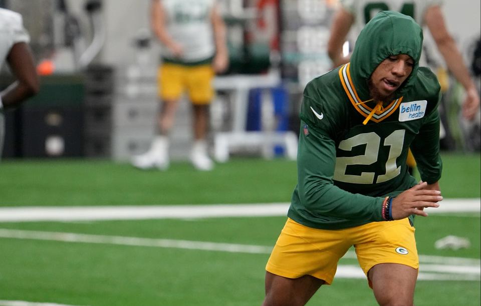 Green Bay Packers cornerback <a class="link " href="https://sports.yahoo.com/nfl/players/33417" data-i13n="sec:content-canvas;subsec:anchor_text;elm:context_link" data-ylk="slk:Eric Stokes;sec:content-canvas;subsec:anchor_text;elm:context_link;itc:0">Eric Stokes</a> (21) is shown during organized team activities Tuesday, May 23, 2023 in Green Bay, Wis.