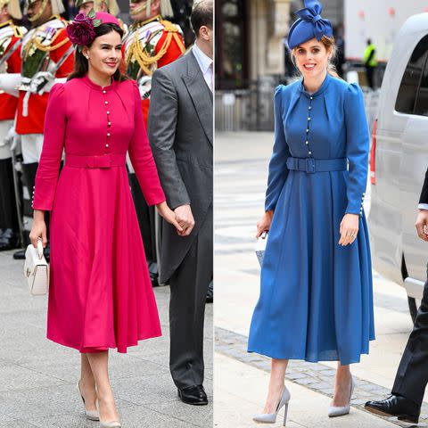 Tim Rooke/Shutterstock; James Veysey/Shutterstock Sophie Winkleman and Princess Beatrice wear the same long-sleeved version of Belula's Ahana dress in June 2022.