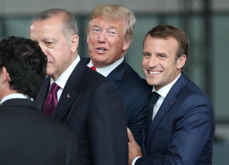 <p>French President Emmanuel Macron, President Trump and Turkish President Recep Tayyip Erdogan are seen at NATO headquarters in Brussels on July 11, 2018. (Photo: Tatyana Zenkovich/pool via Reuters) </p>