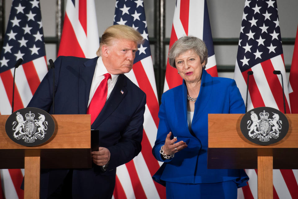 US President Donald Trump (L) and Britain's Prime Minister Theresa May attend a joint press conference at the Foreign and Commonwealth office in London on June 4, 2019, on the second day of their three-day State Visit to the UK. - US President Donald Trump turns from pomp and ceremony to politics and business on Tuesday as he meets Prime Minister Theresa May on the second day of a state visit expected to be accompanied by mass protests. (Photo by Stefan Rousseau / POOL / AFP)        (Photo credit should read STEFAN ROUSSEAU/AFP/Getty Images)