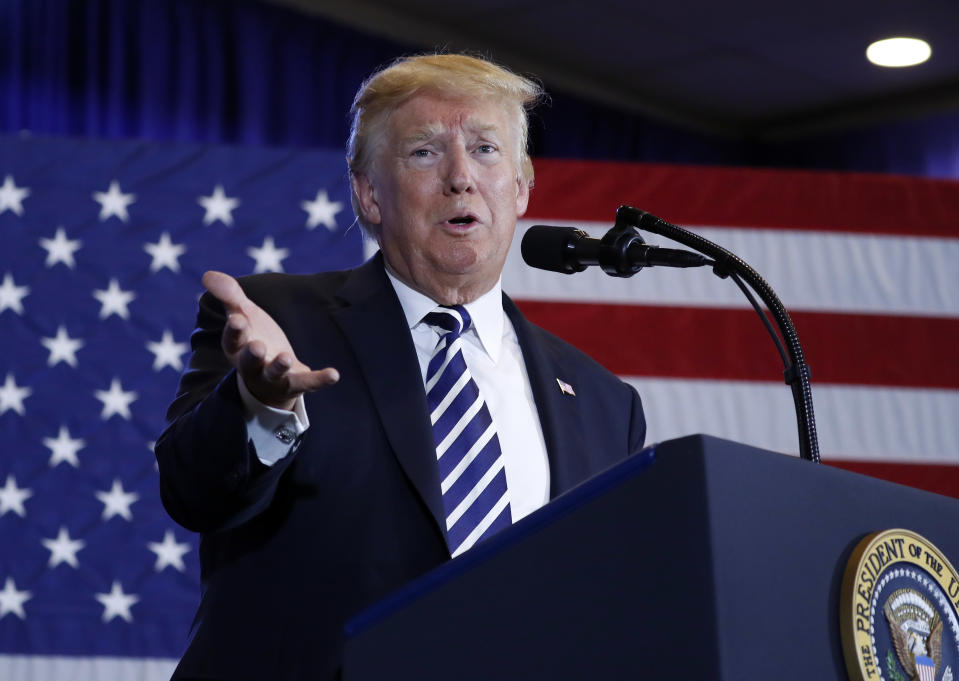 President Donald Trump gestures while speaking at the Harris Conference Center in Charlotte, N.C., Friday, Aug. 31, 2018. (AP Photo/Pablo Martinez Monsivais)