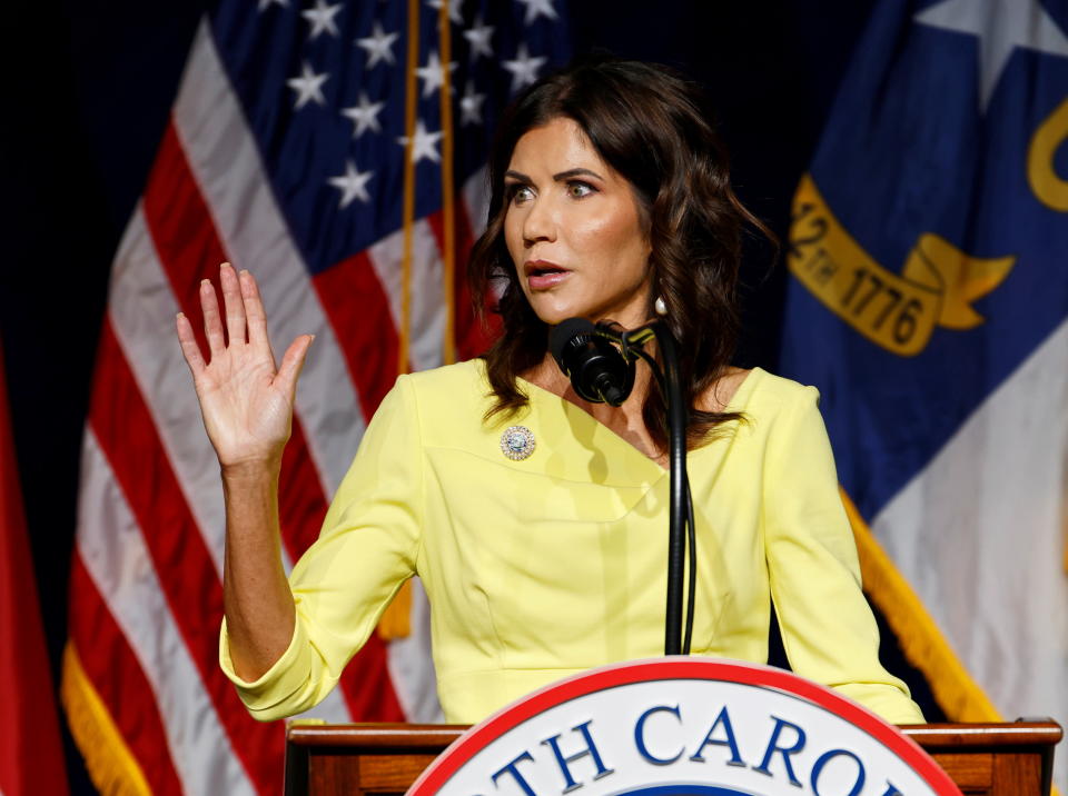 South Dakota Governor Kristi Noem speaks at the North Carolina GOP convention on the day former U.S. President Donald Trump was expected to speak at the gathering in Greenville, North Carolina, U.S. June 5, 2021.  REUTERS/Jonathan Drake