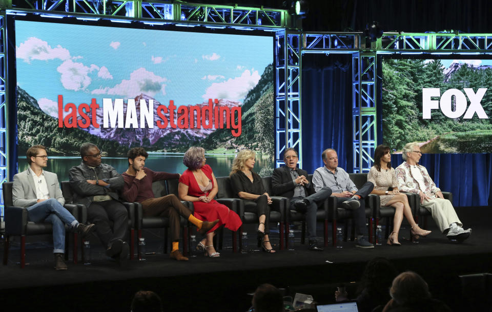 Christoph Sanders, from left, Jonathan Adams, Jordan Masterson, Amanda Fuller, Nancy Travis, Tim Allen, executive producer/showrunner/writer Kevin Abbott, executive producer Becky Clements and executive producer/writer Matt Berry participate in the "Last Man Standing" panel during the Fox Television Critics Association Summer Press Tour at The Beverly Hilton hotel on Thursday, Aug. 2, 2018, in Beverly Hills, Calif. (Photo by Willy Sanjuan/Invision/AP)