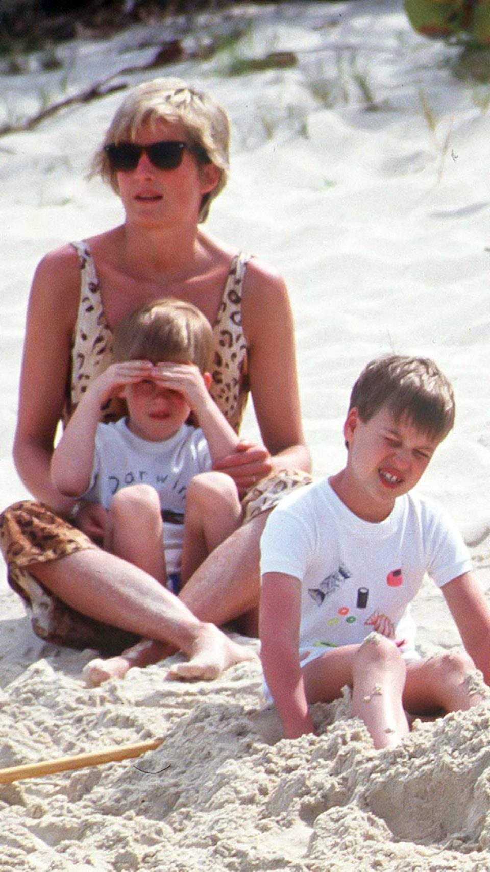 Diana, Princess of Wales, with Prince William, and Prince Harry, on Holiday In Necker Island In The Caribbean, on April 11, 1990, in the British Virgin Island