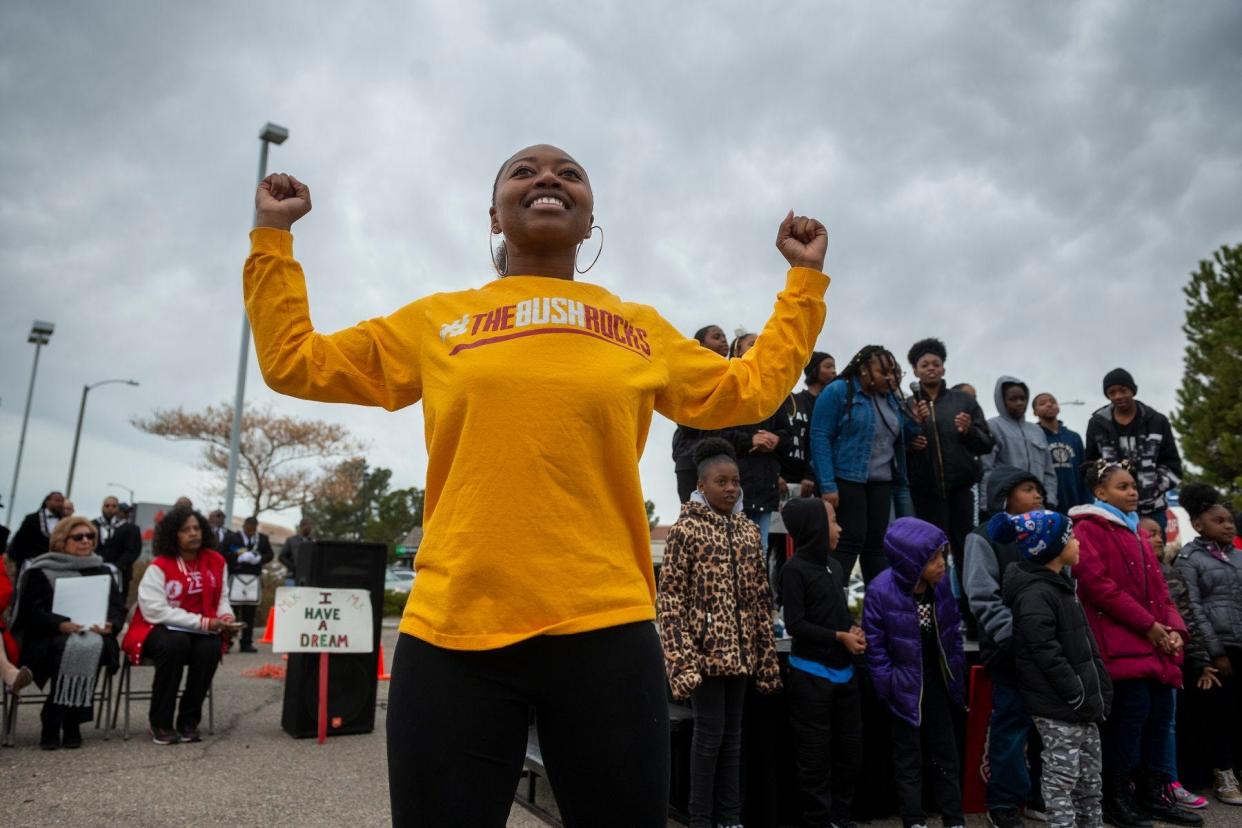 Iesha Motley dances as the Burning Bush Church Children’s Choir performs for the Martin Luther King Commemorative Peace March in Victorville in Jan. 2020.