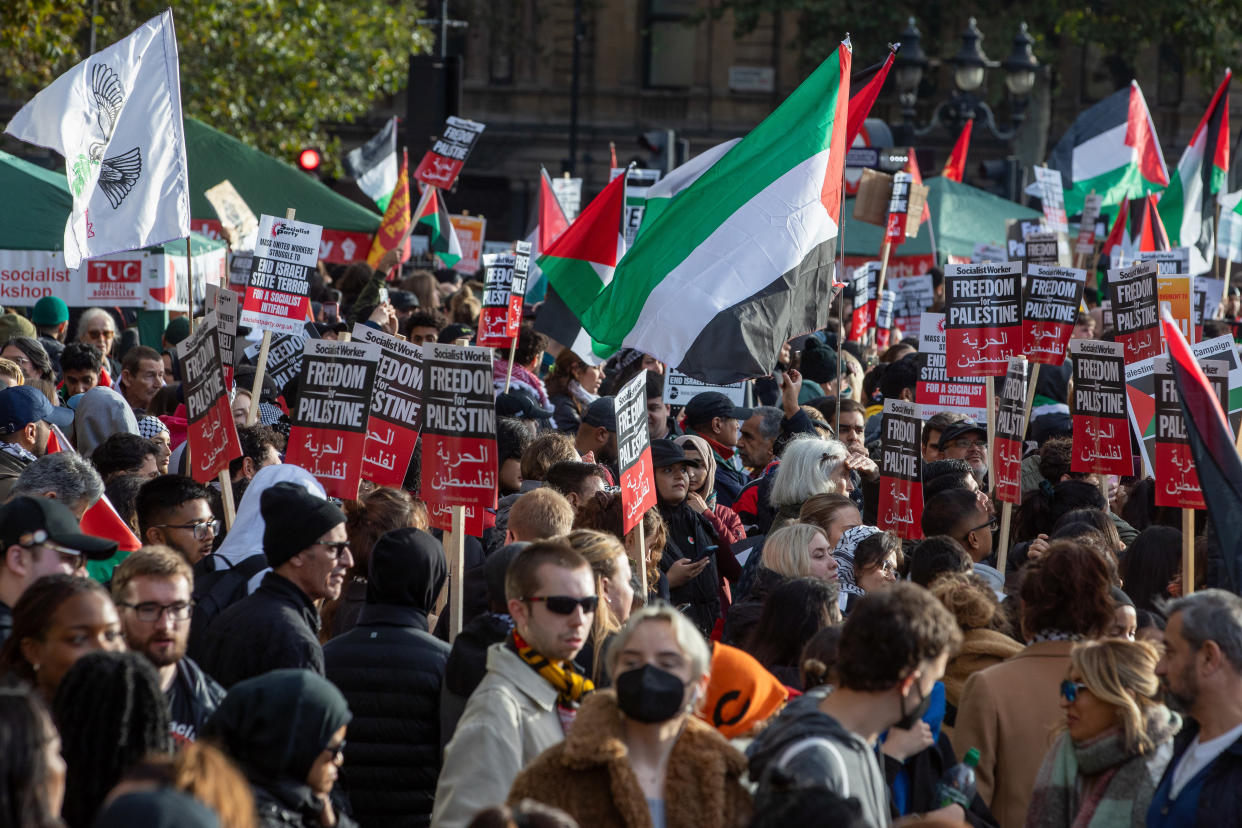 Pro-Palestine protesters attend a demonstration in Trafalgar Square to call for an immediate ceasefire in Gaza on 4th November 2023 in London, United Kingdom. Mass Palestinian solidarity rallies have been held throughout the UK for a fourth consecutive weekend to call for an end to the Israeli bombardment of Gaza. (photo by Mark Kerrison/In Pictures via Getty Images)