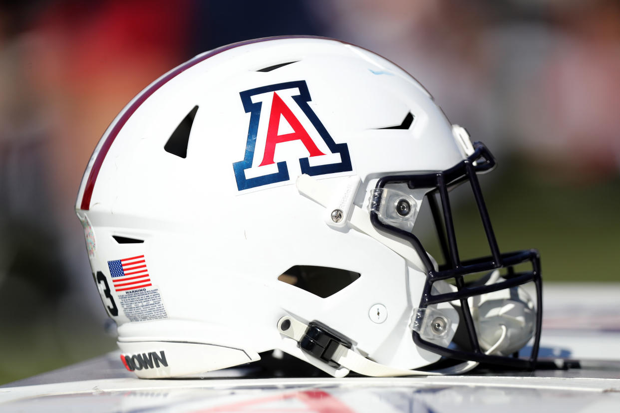 TUCSON, AZ - NOVEMBER 06: University of Arizona helmet
during the first half of a football game between the University of California Golden Bears and the University of Arizona Wildcats on November 6, 2021 at Arizona Stadium in Tucson, AZ. (Photo by Christopher Hook/Icon Sportswire via Getty Images)