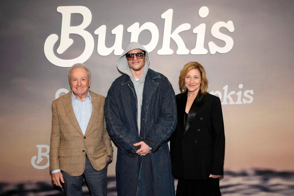 Lorne Michaels, left, Pete Davidson and Edie Falco at the New York premiere of "Bupkis" last month.