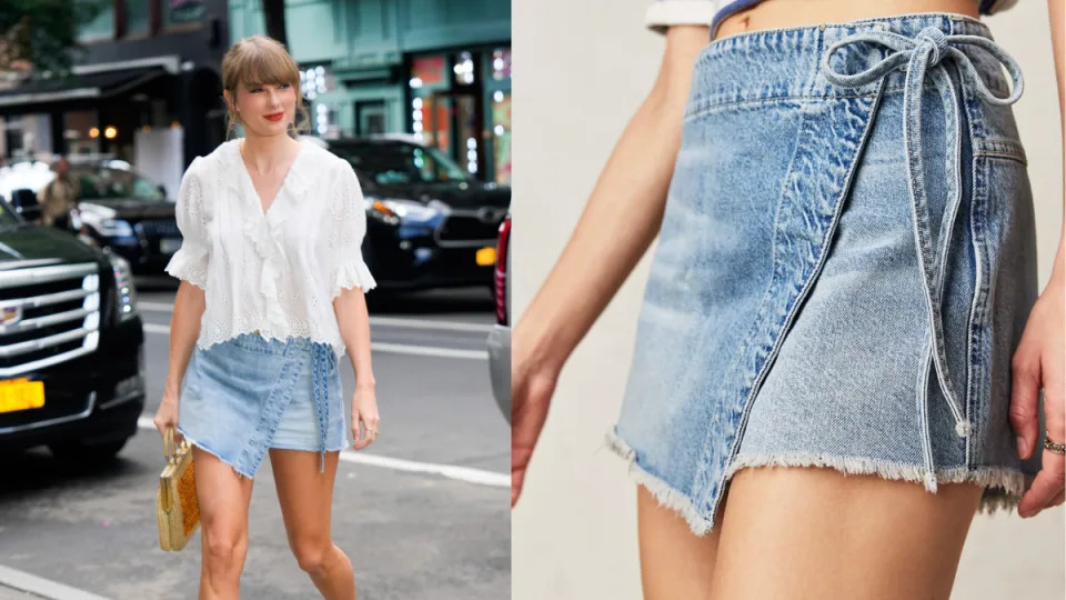 Taylor Swift in Free People's We The Free Emmy Denim Skort (Photos via Getty & Free People)