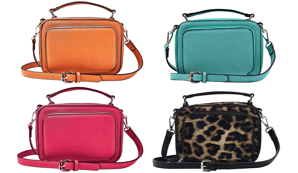 A photo of orange, teal, hot pink, leopard bags.
