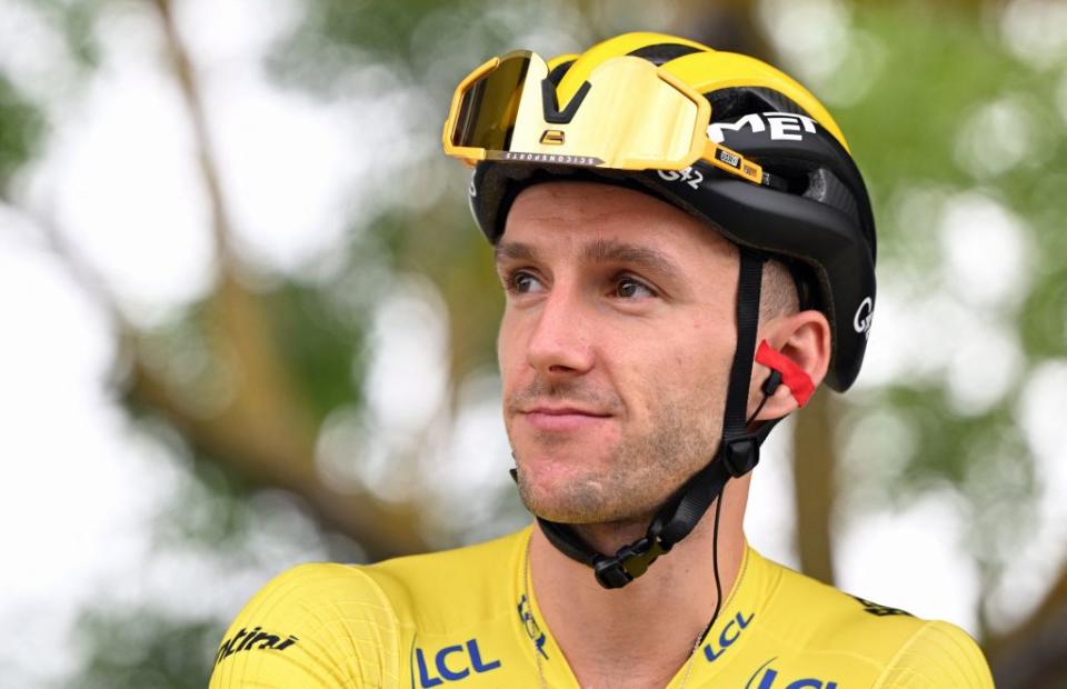 British Adam Yates of UAE Team Emirates pictured at the start of the second stage of the Tour de France cycling race a 2089 km race from VitoriaGasteiz to San Sebastian Spain Sunday 02 July 2023 This years Tour de France takes place from 01 to 23 July 2023 BELGA PHOTO JASPER JACOBS Photo by JASPER JACOBS  BELGA MAG  Belga via AFP Photo by JASPER JACOBSBELGA MAGAFP via Getty Images