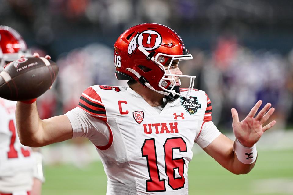 Utah Utes quarterback Bryson Barnes (16) warms up as Utah and Northwestern prepare to play in the SRS Distribution Las Vegas Bowl on Saturday, Dec. 23, 2023. | Scott G Winterton, Deseret News