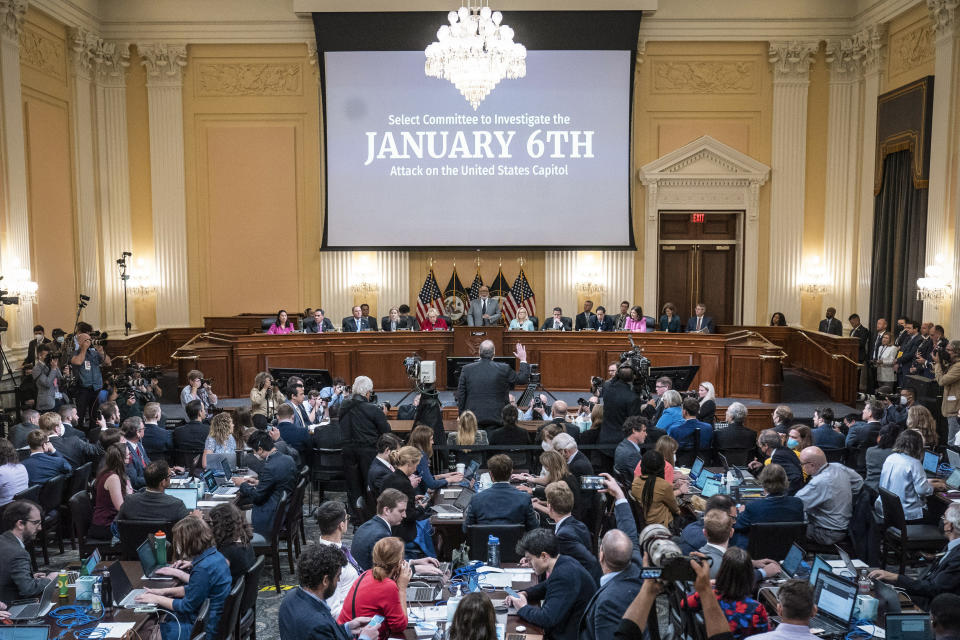 FILE - Former Fox News politics editor Chris Stirewalt is sworn in as Rep. Adam Schiff, D-Calif., Rep. Zoe Lofgren, D-Calif., Chairman Bennie Thompson, D-Miss., Vice Chair Liz Cheney, R-Wyo., Rep. Adam Kinzinger, R-Ill., Rep. Jamie Raskin, D-Md., and Rep. Elaine Luria, D-Va., watch from the dais as the House select committee investigating the Jan. 6 attack on the U.S. Capitol holds a hearing, at the Capitol in Washington, June 13, 2022. The Jan. 6 congressional hearings have paused, at least for now, and Washington is taking stock of what was learned about the actions of Donald Trump and associates surrounding the Capitol attack.(Jabin Botsford//The Washington Post via AP, Pool, File)