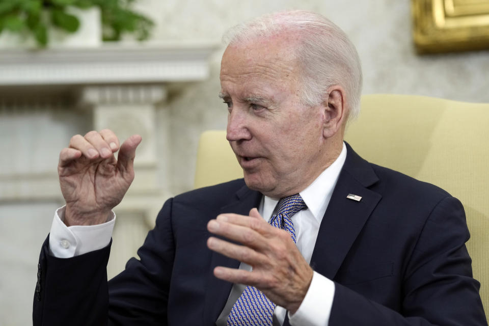 President Joe Biden speaks as he meets with Colombian President Gustavo Petro in the Oval Office of the White House in Washington, Thursday, April 20, 2023. (AP Photo/Susan Walsh)