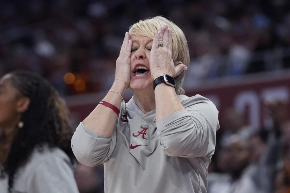 Alabama head coach Kristy Curry reacts to a call during the second half of a second-round college basketball game against Texas in the women’s NCAA Tournament in Austin, Texas, Sunday, March 24, 2024. (AP Photo/Eric Gay)
