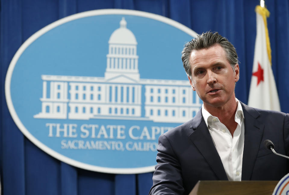 Gov. Gavin Newsom announces that California will spend $20 million on a public awareness campaign about the dangers of vaping nicotine and cannabis products amid a rise in vaping-related illnesses, during a news conference in Sacramento, Calif., Monday, Sept. 16, 2019. (AP Photo/Rich Pedroncelli)