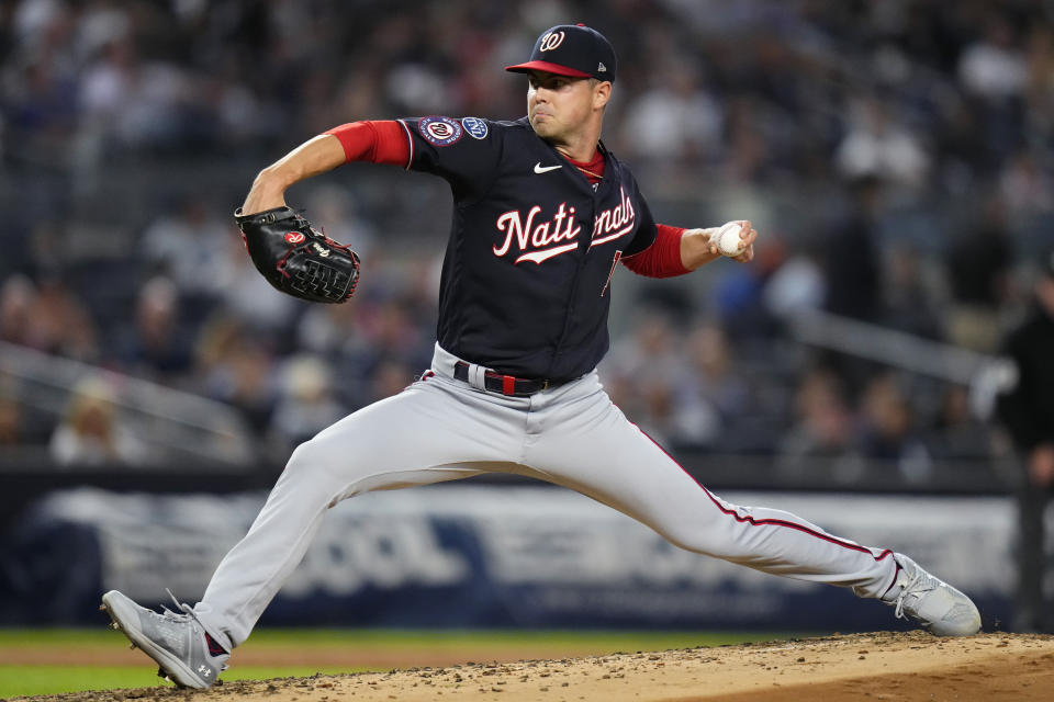 Washington Nationals' MacKenzie Gore pitches to a New York Yankees batter during the second inning of a baseball game Wednesday, Aug. 23, 2023, in New York. (AP Photo/Frank Franklin II)