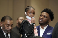 Gianna Floyd, the daughter of George Floyd, joins family and supporters during a news conference after the verdict was read in the trial of former Minneapolis Police Officer Derek Chauvin, Tuesday, April 20, 2021, in Minneapolis. (AP Photo/John Minchillo)