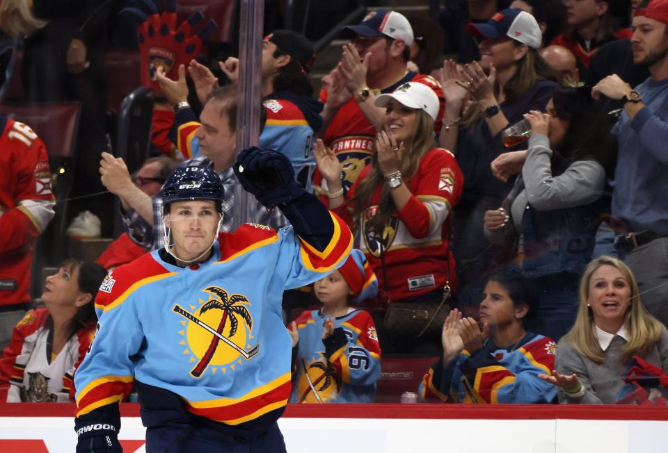 Matthew Tkachuk of the Florida Panthers celebrates his third period goal against the Calgary Flames  at FLA Live Arena on Nov. 19, 2022 in Sunrise, Florida. The Flames defeated the Panthers 5-4 in the shootout.