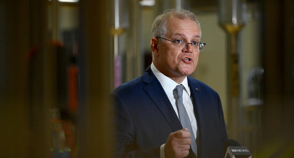 Photo of Australian PM Scott Morrison at a press conference.