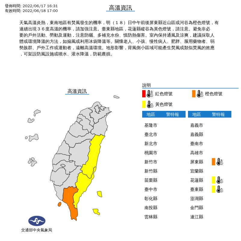 ▲氣象局針對屏東縣近山區或河谷，台東縣地區，花蓮縣縱谷發布高溫警示。（圖／翻攝自中央氣象局）