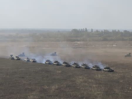 A view shows military vehicles during exercises in the Donetsk region, Ukraine September 28, 2017. Picture taken September 28, 2017. REUTERS/Sergei Karazy