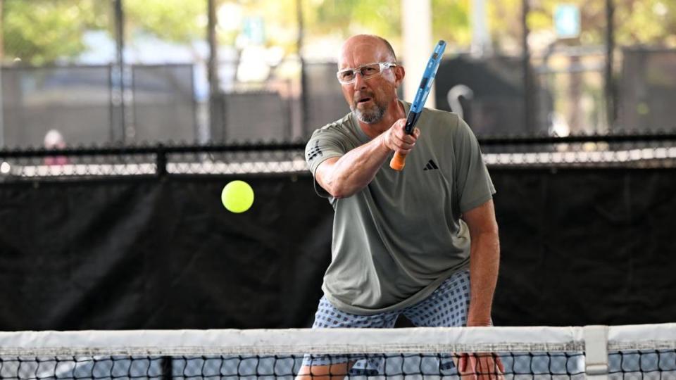 Jerry Jones of Bradenton plays a doubles match of pickleball at the C.V. Walton Racquet Center Pickleball Courts at the G.T. Bray Recreation Center.