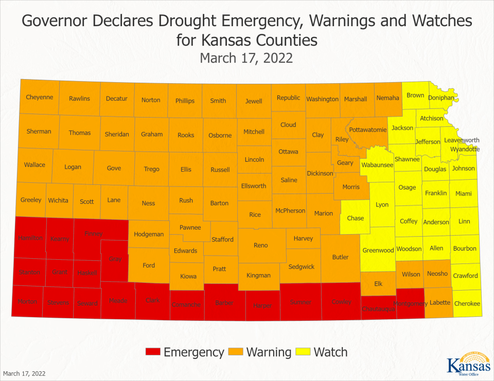 Gov. Laura Kelly in March issued a drought emergency declaration. "The majority of the state of Kansas has experienced drought or abnormally dry conditions for the past several months," Kelly said.