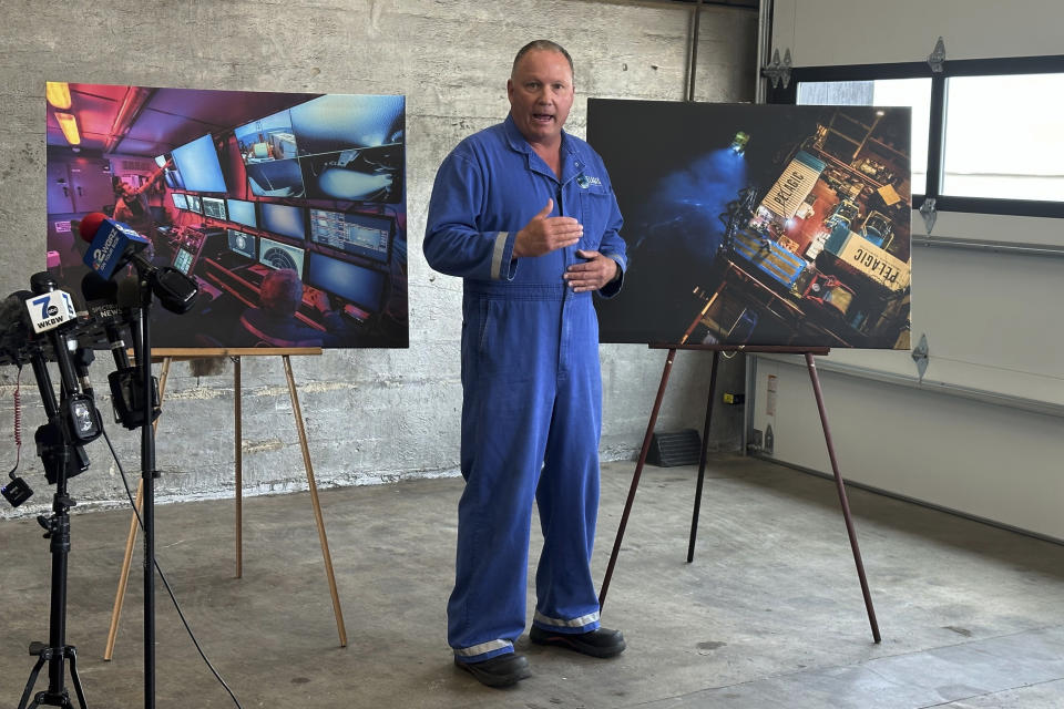 Edward Cassano speaks during a news conference on the Titan submersible are displayed on Friday, June 30, 2023 in Aurora N.Y. The submersible imploded last week, killing all five people on board. (AP Photo/Carolyn Thompson)