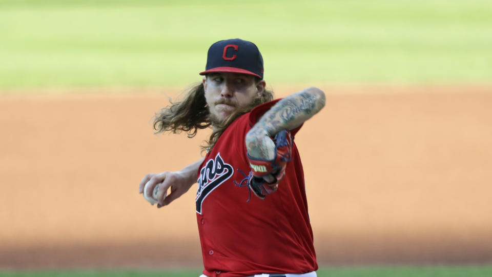 Mike Clevinger winds up to throw during a game.