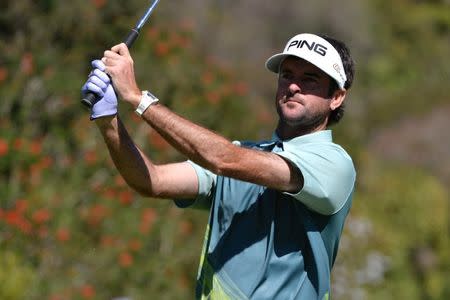 Feb 18, 2018; Pacific Palisades, CA, USA; Bubba Watson plays his shot from the fourth tee during the final round of the Genesis Open golf tournament at Riviera Country Club. Orlando Ramirez-USA TODAY Sports