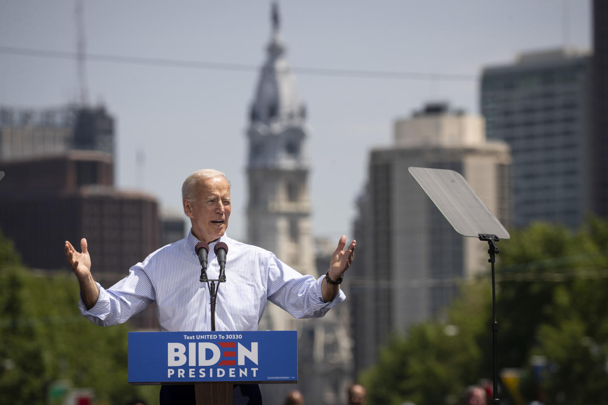 PHILADELPHIA, PA - MAY 18: Former U.S. Vice President and Democratic presidential candidate Joe Biden speaks during a campaign kickoff rally, May 18, 2019 in Philadelphia, Pennsylvania. Since Biden announced his candidacy in late April, he has taken the top spot in all polls of the sprawling Democratic primary field. Biden's rally on Saturday was his first large-scale campaign rally after doing smaller events in Iowa and New Hampshire in the past few weeks. (Photo by Drew Angerer/Getty Images)