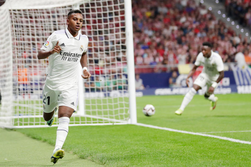 Rodrygo Silva de Goes of Real Madrid celebrates 0-1 during the La Liga Santander match between Atletico Madrid v Real Madrid at the Estadio Civitas Metropolitano on September 18, 2022 in Madrid Spain