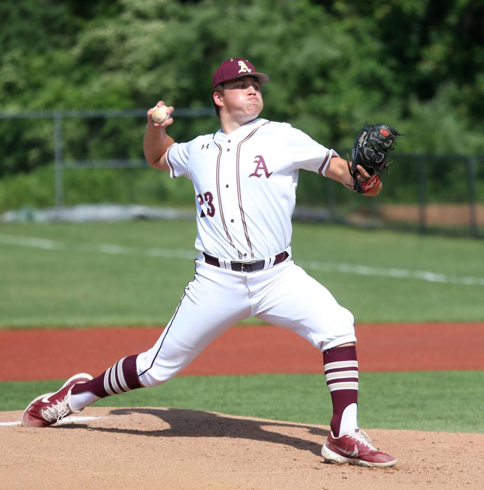 Arlington's Eric Servellon pitches during during a Section 1 Class AA quarterfinal versus John Jay in Freedom Plains on June 9, 2021.