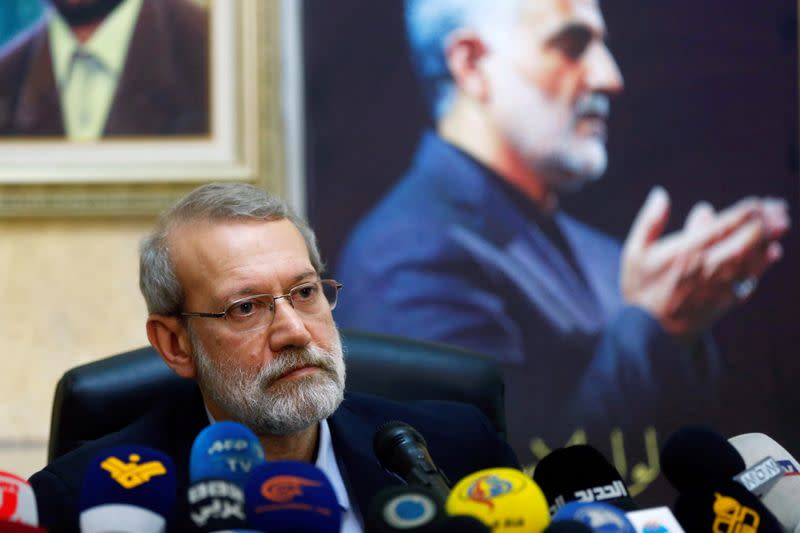 Iranian parliament speaker Ali Larijani attends a news conference at the Iranian embassy in Beirut's southern suburbs