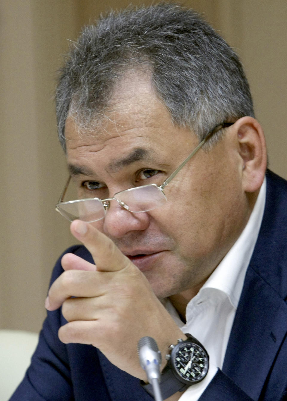 FILE - In this Sunday, Nov. 29, 2009 file photo the then Emergency Situations Minister Sergei Shoigu speaks at a meeting in Moscow. Russian President Vladimir Putin has fired the country's defense minister two weeks after a criminal probe was opened into alleged fraud in the sell-off of military assets. Putin made the announcement of Anatoly Serdyukov's dismissal on Tuesday Nov. 6, 2012 in a meeting with Moscow regional governor Sergei Shoigu, whom he appointed as the new minister. (AP Photo/RIA Novosti, Alexei Nikolsky, Government Press Service, file)