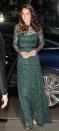 <p>In a green lace Temperly gown and gold heeled sandals at the National Portrait Gallery gala in London.</p>