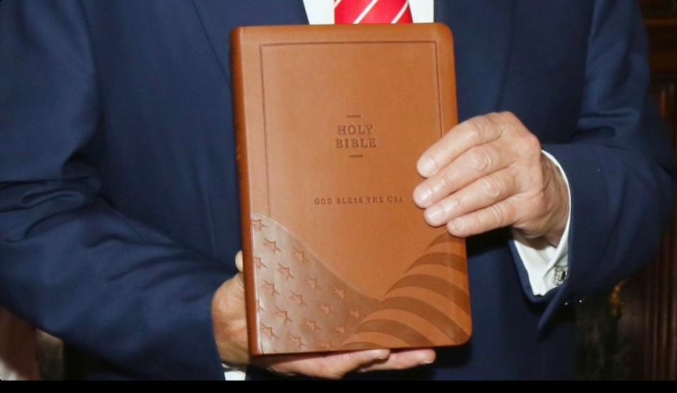 Trump’s leather-bound volume also contains a copy of the US Constitution, the Bill of Rights, the Declaration of Independence, the Pledge of Allegiance and a handwritten chorus to “God Bless the USA” by Lee Greenwood. @realDonaldTrump/Truth