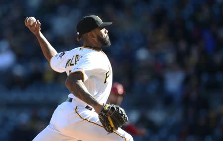 Apr 1, 2019; Pittsburgh, PA, USA; Pittsburgh Pirates relief pitcher Felipe Vazquez (73) pitches against the St. Louis Cardinals during the ninth inning at PNC Park. St. Louis won 6-5 in eleven innings. Mandatory Credit: Charles LeClaire-USA TODAY Sports