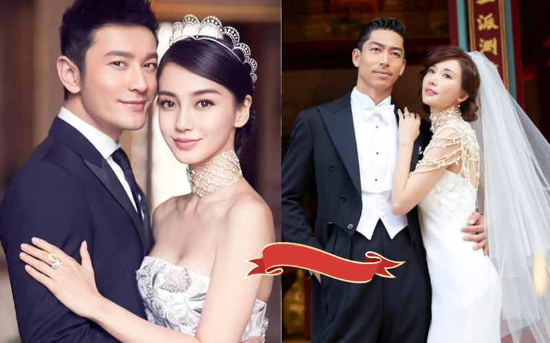 黃曉明（左圖左）、Angelababy（左圖右）官宣離婚，而在他們婚禮上接到捧花的林志玲（右圖右）與Akira（右圖左）則喜迎第一胎。（黃曉明工作室、林志玲工作室提供）