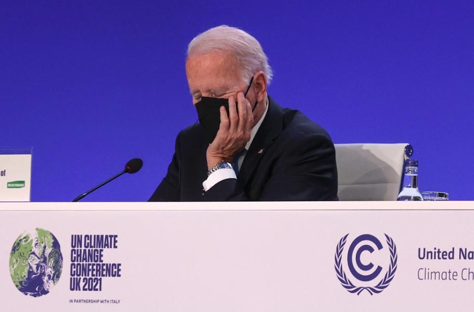 Joe Biden was widely criticised for falling asleep during a speech at Cop26 in Glasgow, Scotland, where he committed the US to “lead by example”. (Getty Images)