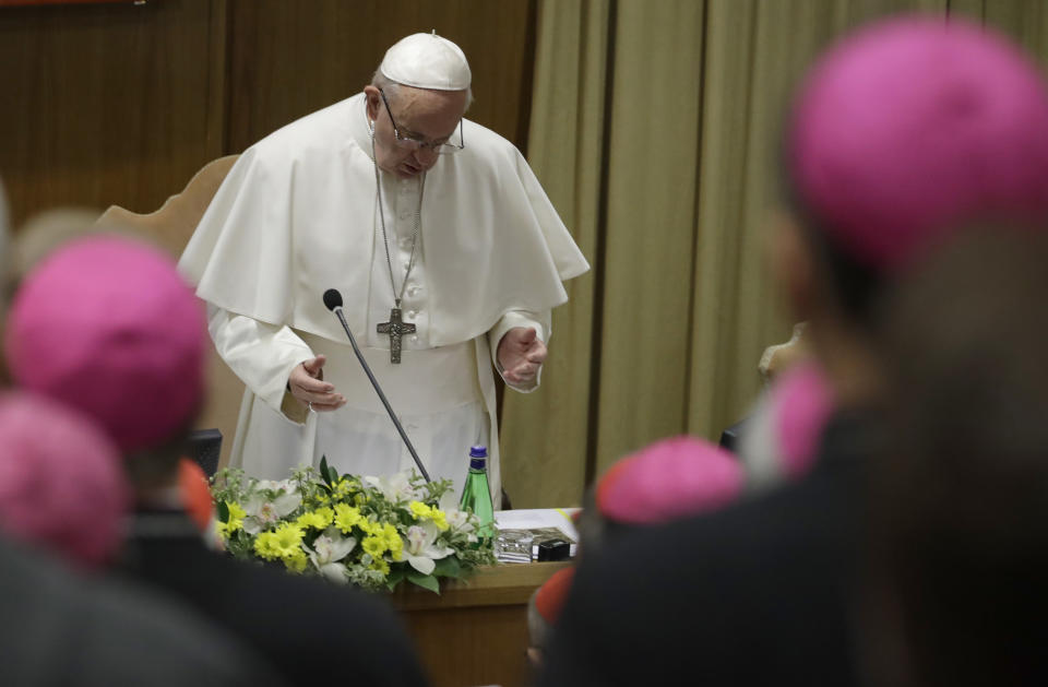 Pope Francis prays at the beginning of the third day of a Vatican's conference on dealing with sex abuse by priests, at the Vatican, Saturday, Feb. 23, 2019. (AP Photo/Alessandra Tarantino, Pool)