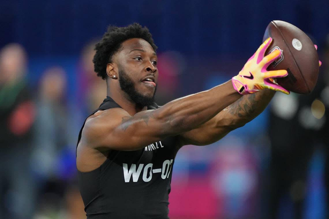 Mar 2, 2024; Indianapolis, IN, USA; Southeast Missouri State wide receiver Ryan Flournoy (WO07) during the 2024 NFL Combine at Lucas Oil Stadium. Mandatory Credit: Kirby Lee-USA TODAY Sports